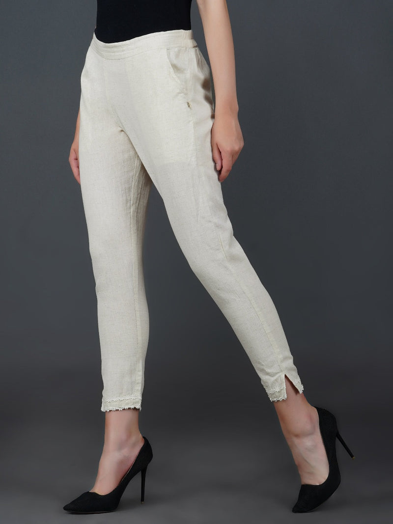 Ivory White Plain Lycra Trouser with Lace – Desisandook Enterprises Private  Limited